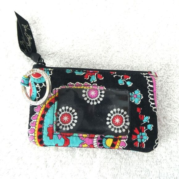 Vera Bradley I.D. Case Holder Card Wallet Black Floral Paisley Keyring Keychain - Picture 1 of 6